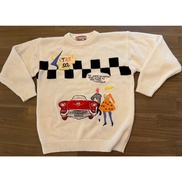 Starwear Sweaters - Vintage Starwear 50's Applique Car Sweater Size Large